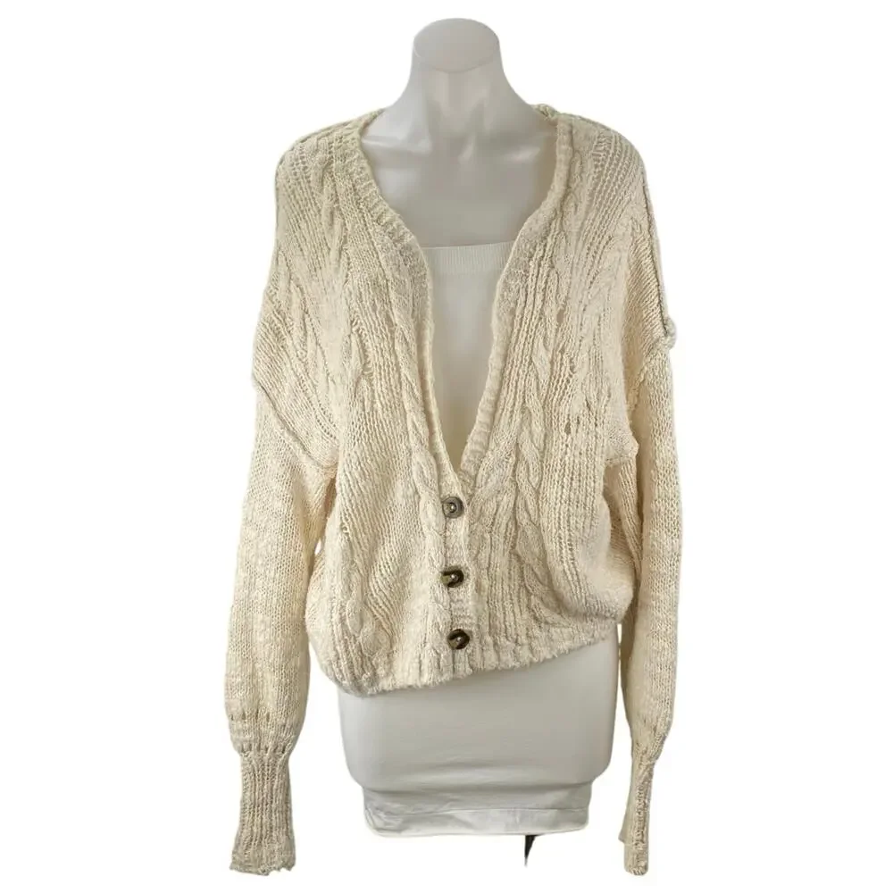 Free People Sandstorm Women's Beige Cable Knit Button Up Cardigan Sweater Top M